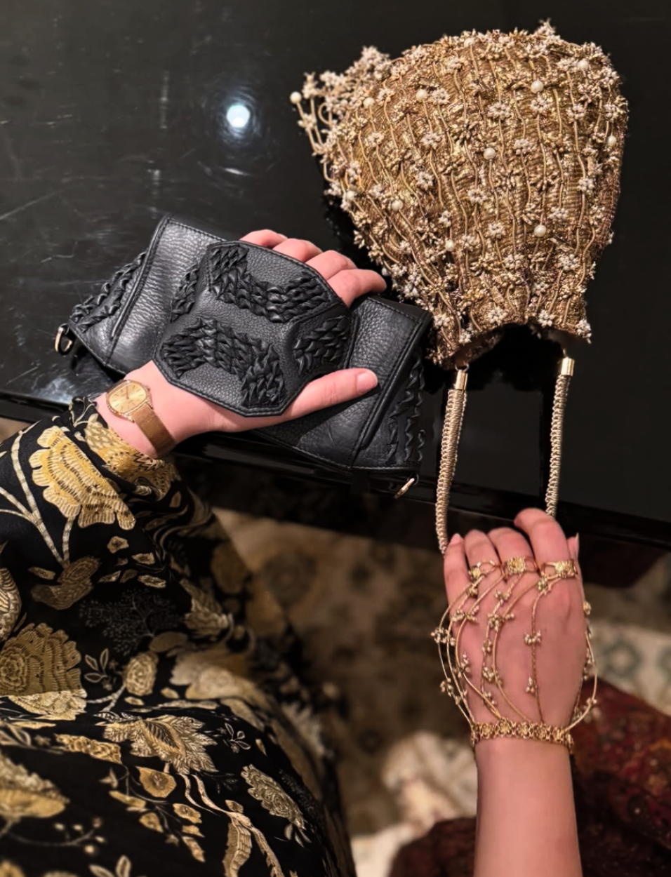 Anahita Dhondy in Black Khai Wristlet